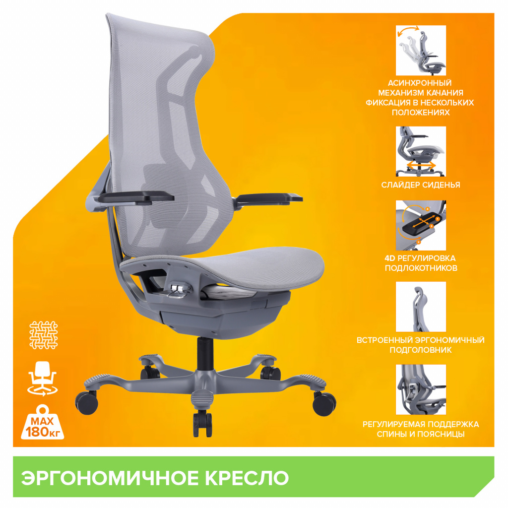 Эргономичное кресло Everprof Atom Grey (Атом Грэй) Сетка Серый Эргономичное кресло Everprof Atom Grey (Атом Грэй) Сетка Серый